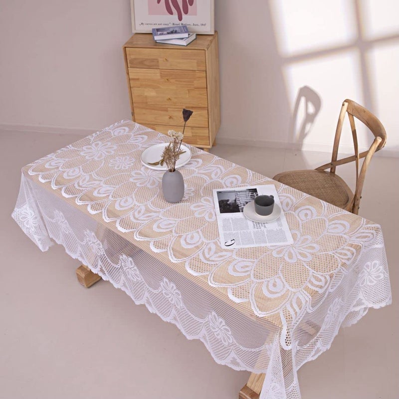 GEFEII White Lace Tablecloth Rectangular Crochet Linen Table Covers for Rectangle Table Oblong Vinyl Floral Lace Tablecloths 60"X104" for Kitchen Wedding Party Chrismas Decoration - Image 2